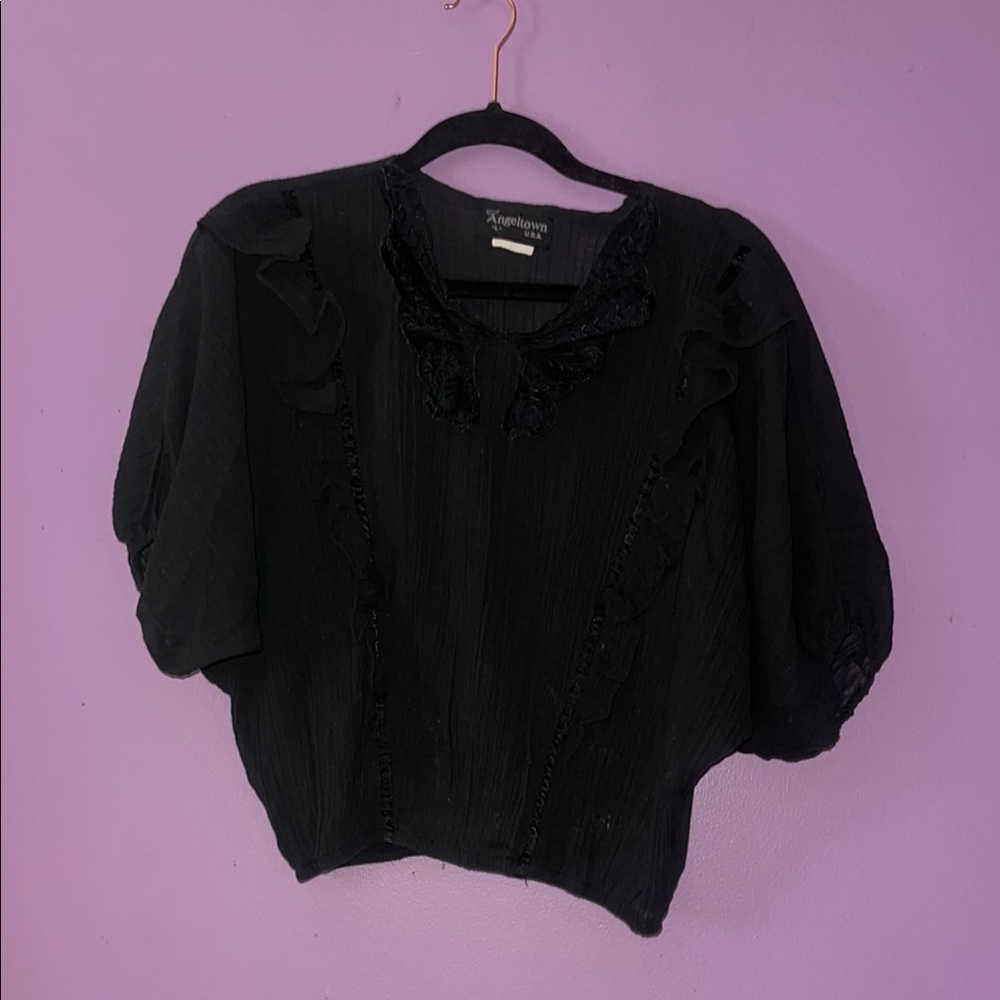 Xhilaration Black Boxy Ruffled Blouse with Bib Collar